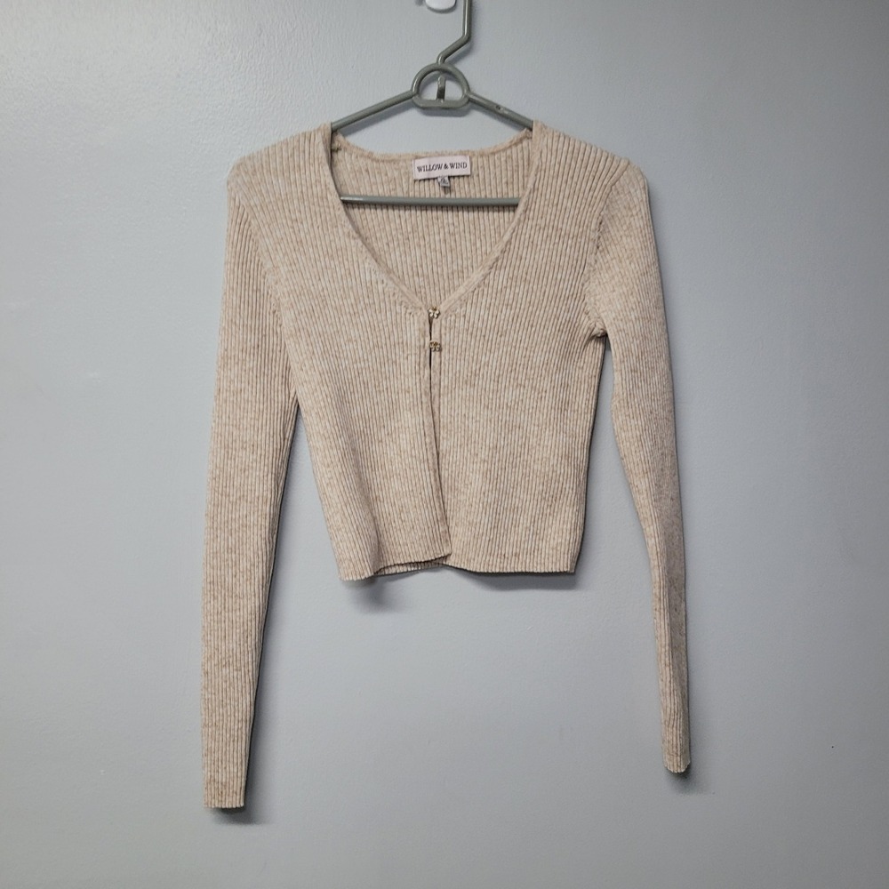 Willow and Wind Womens XS Beige Ribbed Knit Cropped Cardigan Sweater